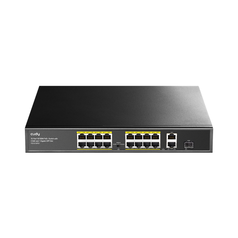 Cudy 16-Port Fast Ethernet 10/100M Unmanaged PoE+ Switch with 2 Gigabit Uplink and 1 SFP Port 200W - Rack Mount