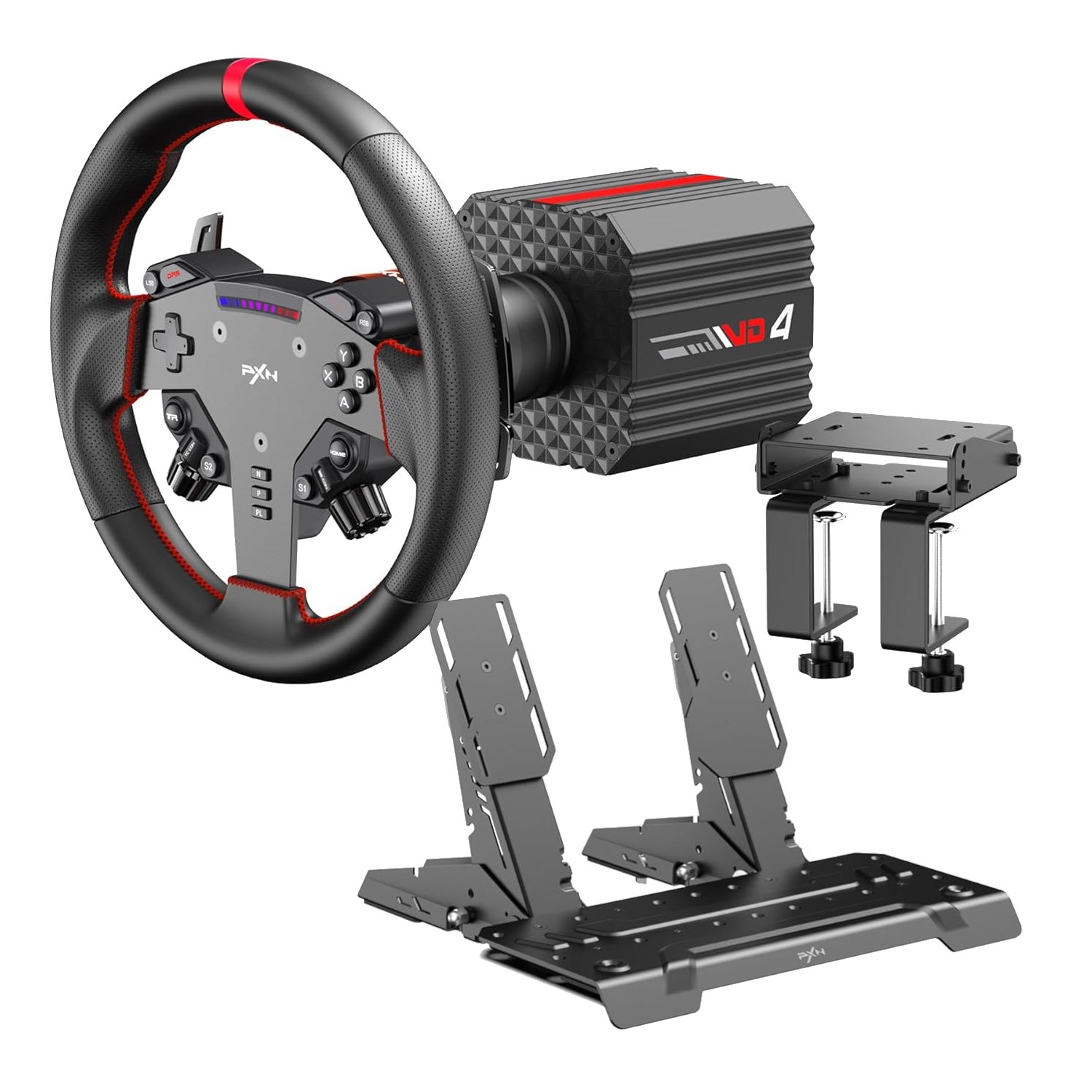 PXN VD4 Direct Drive Bundle 4nm FFB, W AS Steering Wheel, PD HM 2 Pedals (PD HM Brake&Throttle), and Z8 table clamp